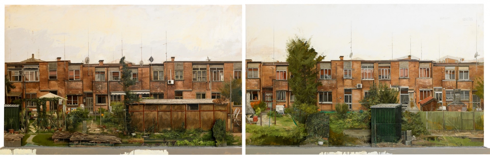 <span class='grassetto'>Houses</span>[br]2008, olio su tavola, cm. 120 x 400 x 35 (dittico)