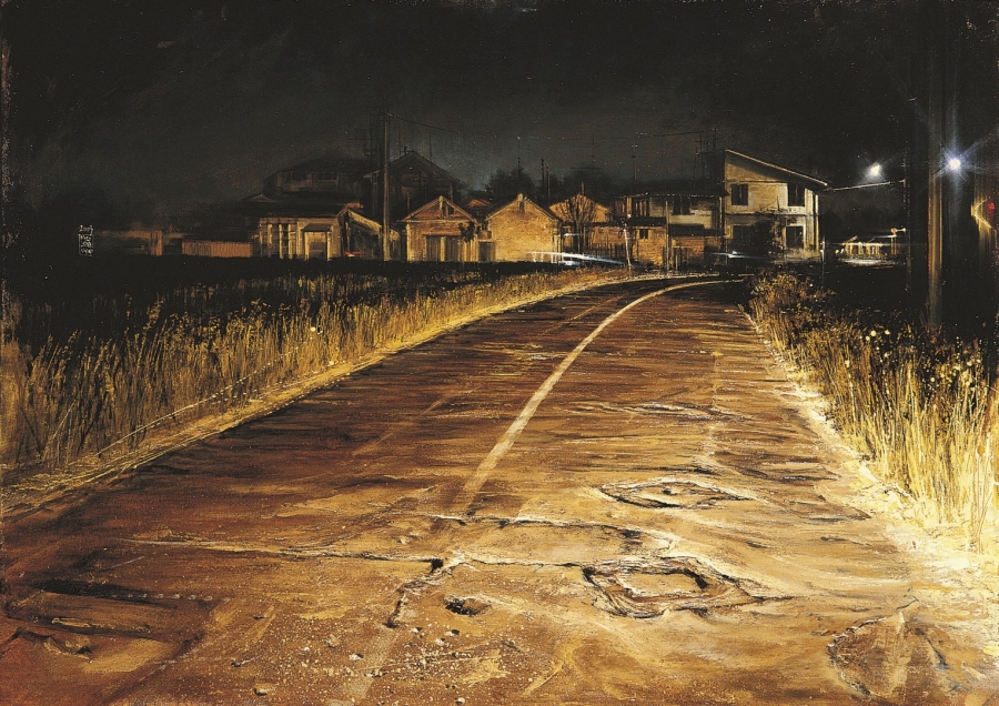 <span class='grassetto'>Una nervosa notte di campagna</span>[br]2003, olio su tavola incamottata, cm. 50 x 70