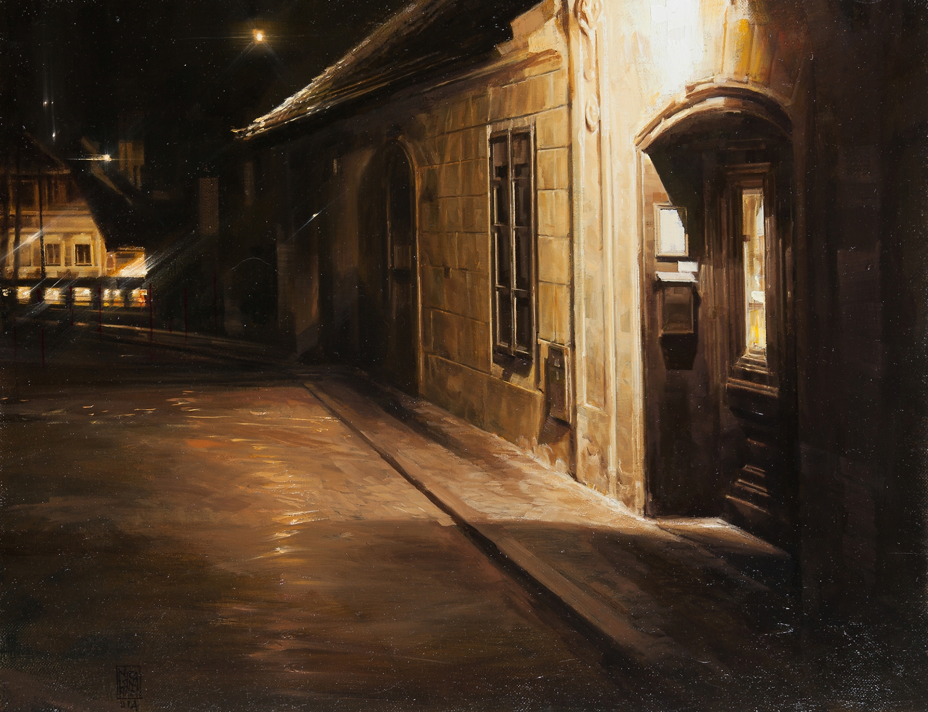 <span class='grassetto'>Notte con cappotto e sigaretta </span>[br],2014, olio su tavola incamottata, cm 35x45