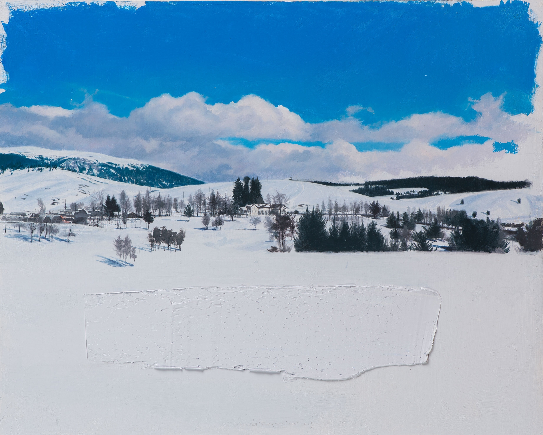 <span class='grassetto'>Orizzonte e tassello di neve</span>[br],2015,olio su tavola, cm 40x50
