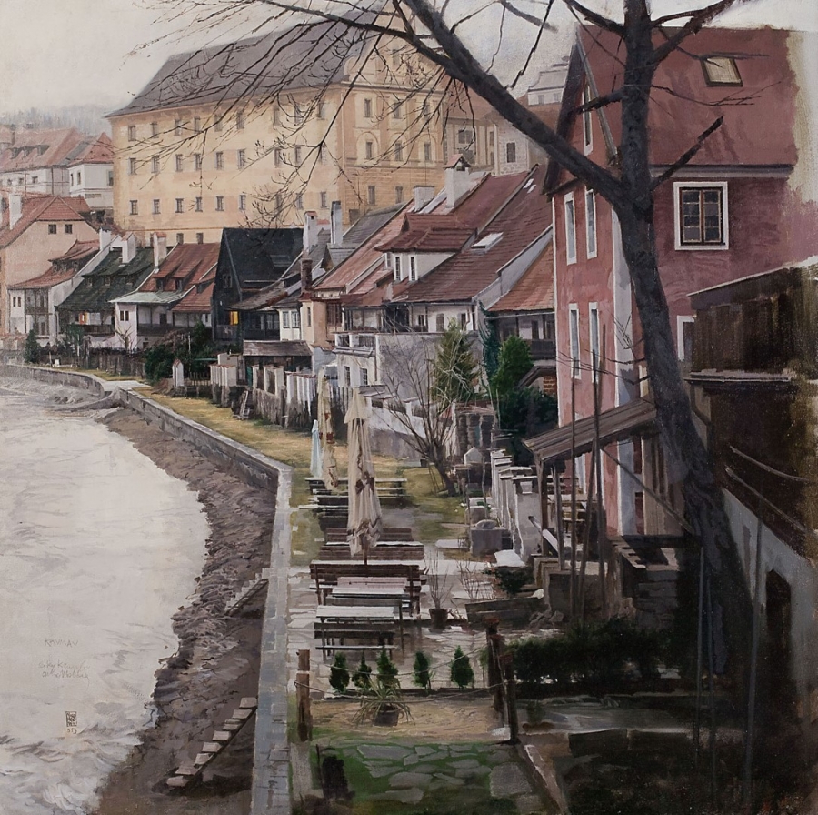 <span class='grassetto'>Case sul fiume. Prima della pioggia</span>[br]2013, olio su tela, cm. 100 x 100